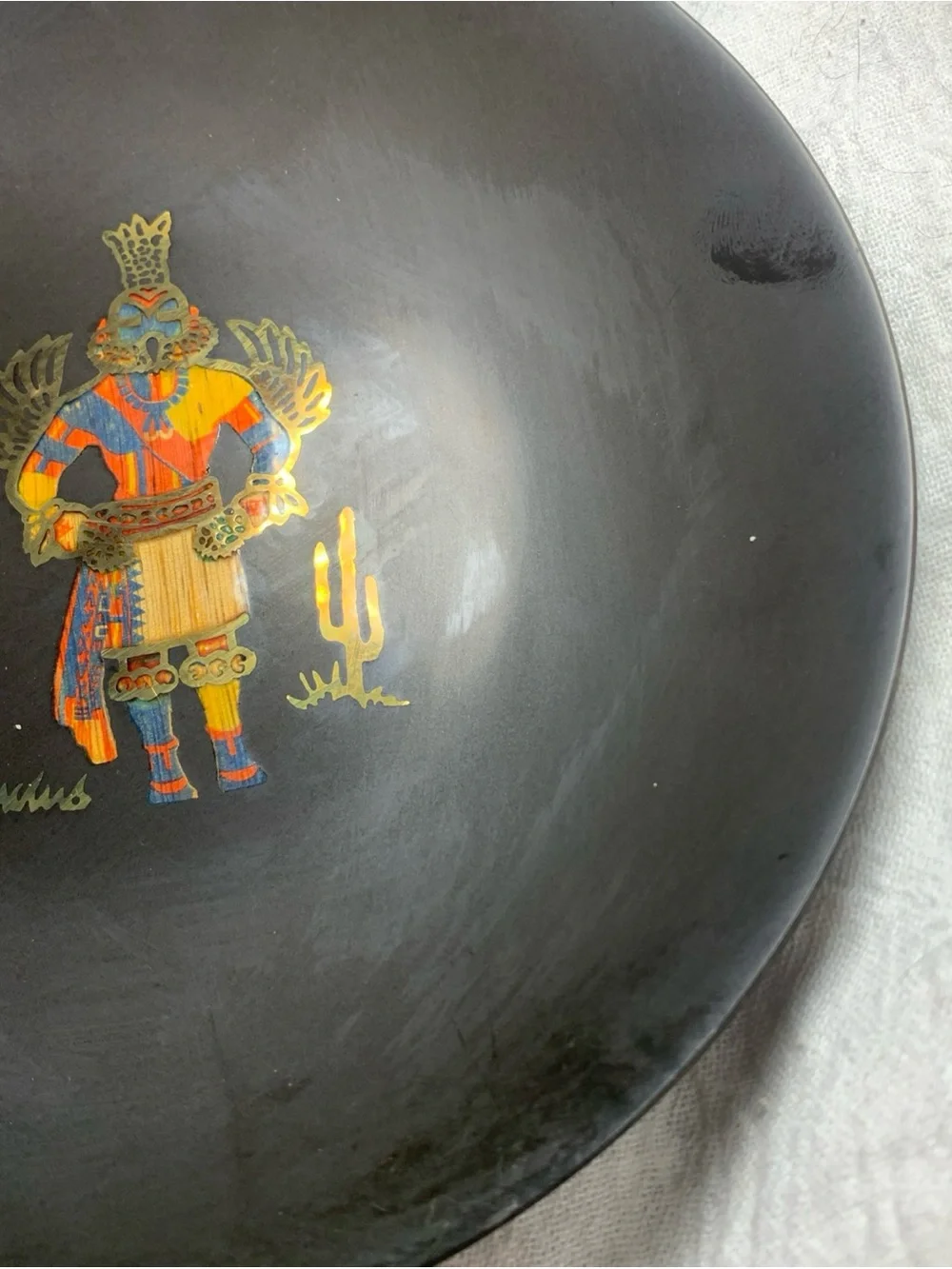 Vintage Couroc of California Inlaid Hopi Hummingbird Kachina Serving Bowl
